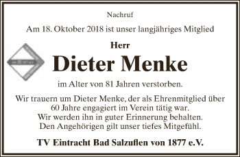 Anzeige  Dieter Menke  Lippische Landes-Zeitung