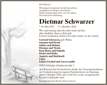 Anzeige  Dietmar Schwarzer  Lippische Landes-Zeitung