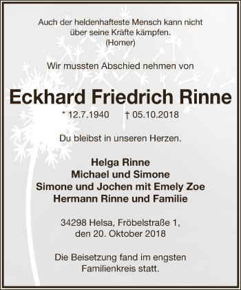 Anzeige  Eckhard Friedrich Rinne  Lippische Landes-Zeitung