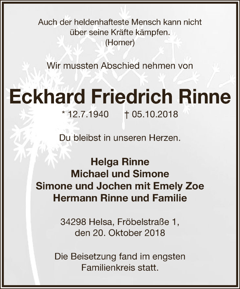  Traueranzeige für Eckhard Friedrich Rinne vom 20.10.2018 aus Lippische Landes-Zeitung