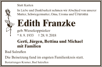 Anzeige  Edith Franzke  Lippische Landes-Zeitung