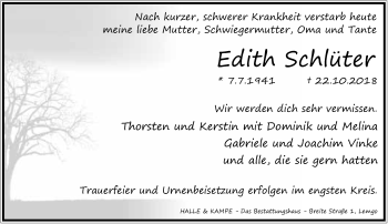 Anzeige  Edith Schlüter  Lippische Landes-Zeitung