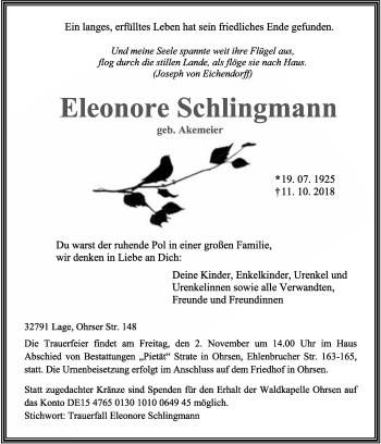 Anzeige  Eleonore Schlingmann  Lippische Landes-Zeitung