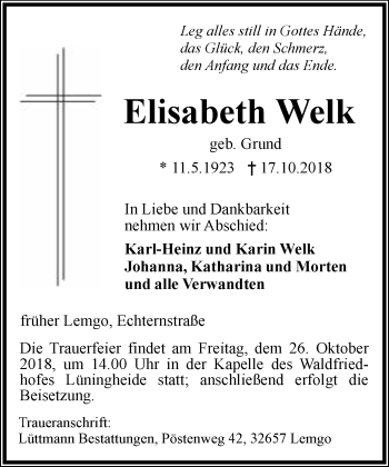 Anzeige  Elisabeth Welk  Lippische Landes-Zeitung