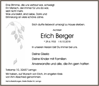 Anzeige  Erich Berger  Lippische Landes-Zeitung
