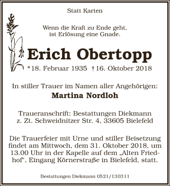 Anzeige  Erich Obertopp  Lippische Landes-Zeitung