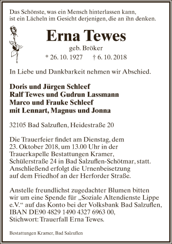 Anzeige  Erna Tewes  Lippische Landes-Zeitung