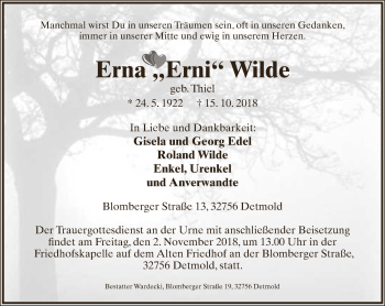 Anzeige  Erna Wilde  Lippische Landes-Zeitung