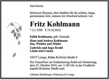 Anzeige  Fritz Kohlmann  Lippische Landes-Zeitung