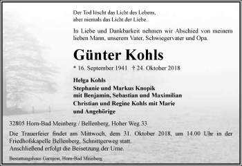 Anzeige  Günter Kohls  Lippische Landes-Zeitung