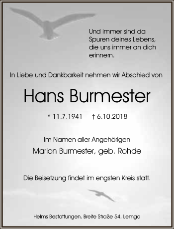 Anzeige  Hans Burmester  Lippische Landes-Zeitung