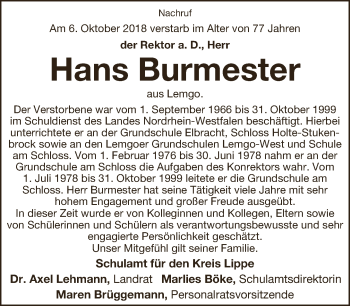 Anzeige  Hans Burmester  Lippische Landes-Zeitung