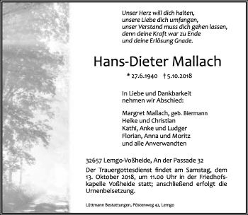 Anzeige  Hans-Dieter Mallach  Lippische Landes-Zeitung