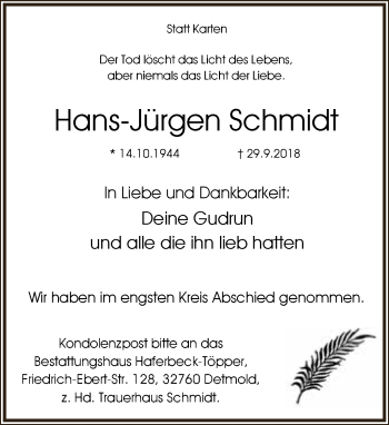 Anzeige  Hans-Jürgen Schmidt  Lippische Landes-Zeitung