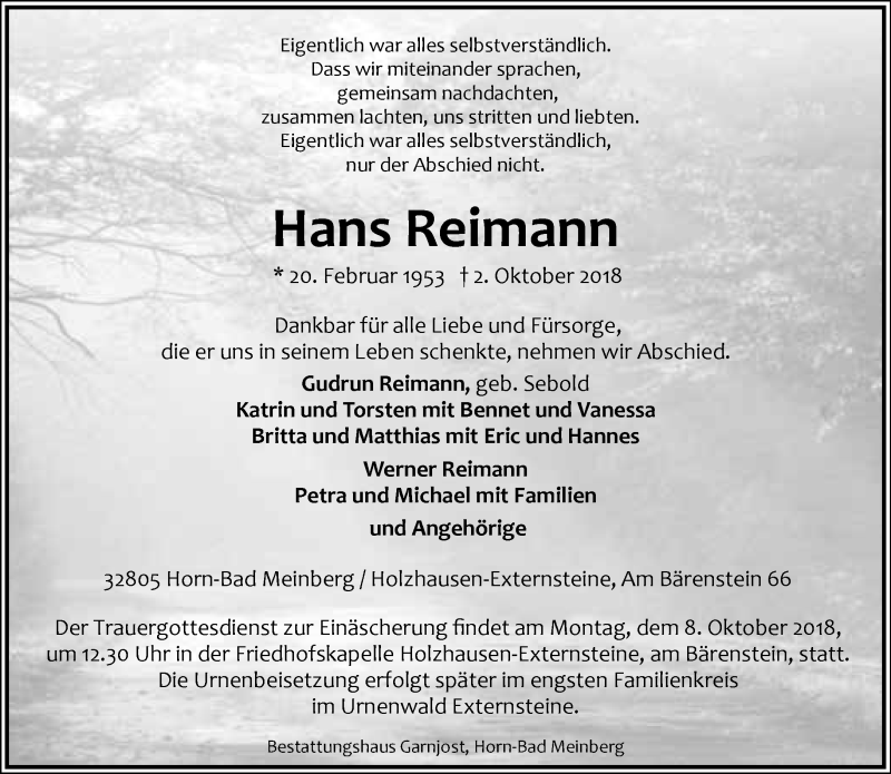 Traueranzeige für Hans Reimann vom 05.10.2018 aus Lippische Landes-Zeitung