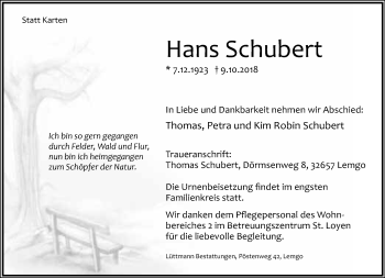 Anzeige  Hans Schubert  Lippische Landes-Zeitung