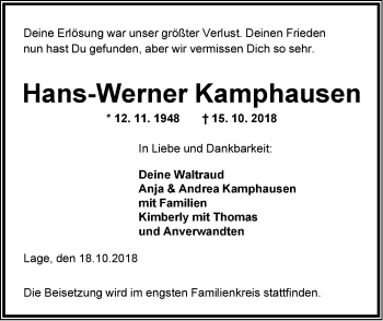 Anzeige  Hans-Werner Kamphausen  Lippische Landes-Zeitung