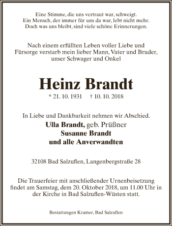Anzeige  Heinz Brandt  Lippische Landes-Zeitung