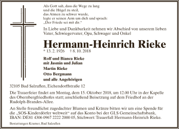 Anzeige  Hermann-Heinrich Rieke  Lippische Landes-Zeitung