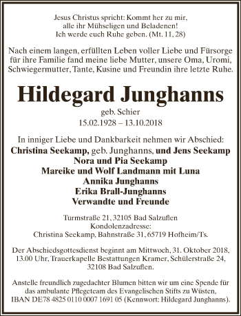 Anzeige  Hildegard Junghanns  Lippische Landes-Zeitung