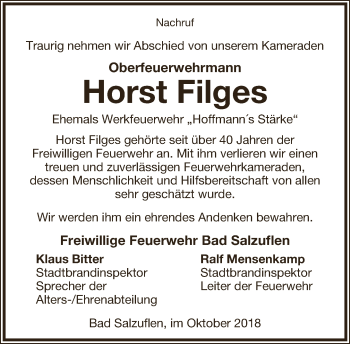 Anzeige  Horst Filges  Lippische Landes-Zeitung