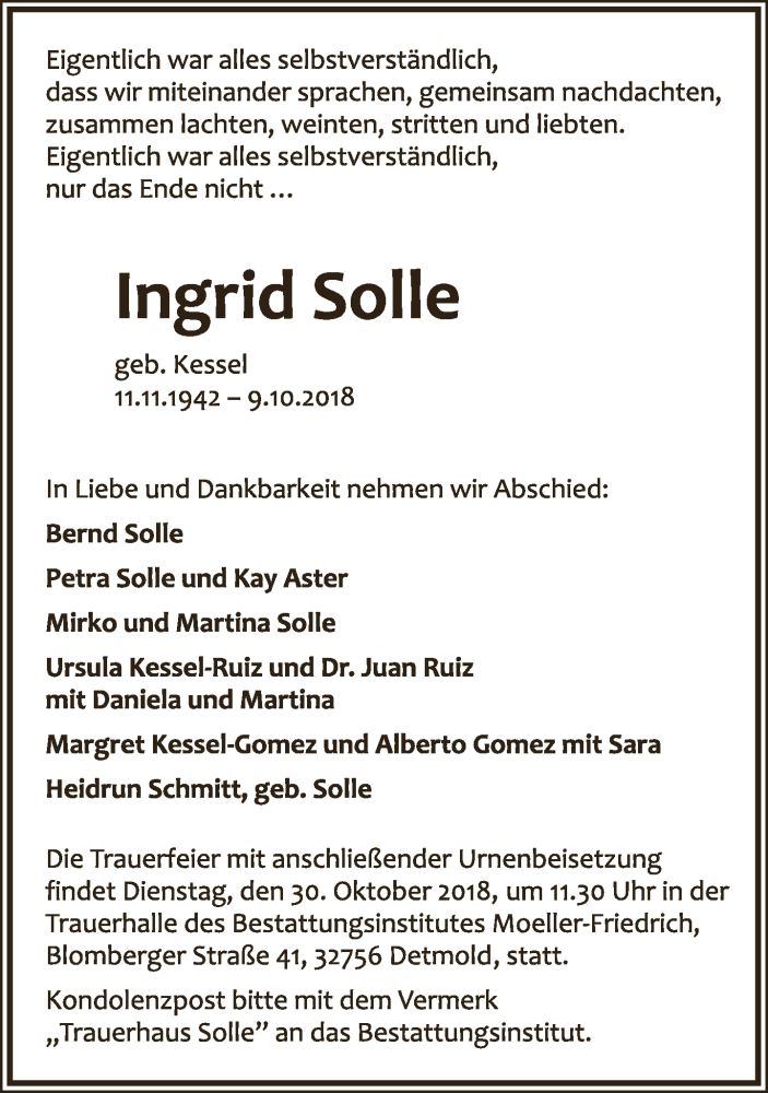  Traueranzeige für Ingrid Solle vom 20.10.2018 aus Lippische Landes-Zeitung