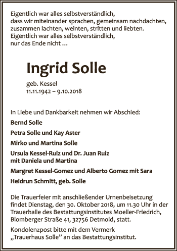 Anzeige  Ingrid Solle  Lippische Landes-Zeitung