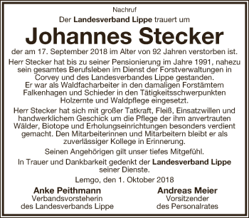 Anzeige  Johannes Stecker  Lippische Landes-Zeitung