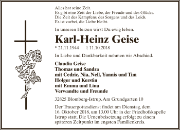 Anzeige  Karl-Heinz Geise  Lippische Landes-Zeitung