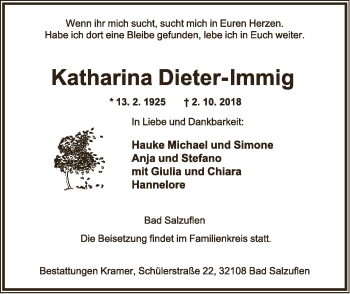Anzeige  Katharina Dieter-Immig  Lippische Landes-Zeitung