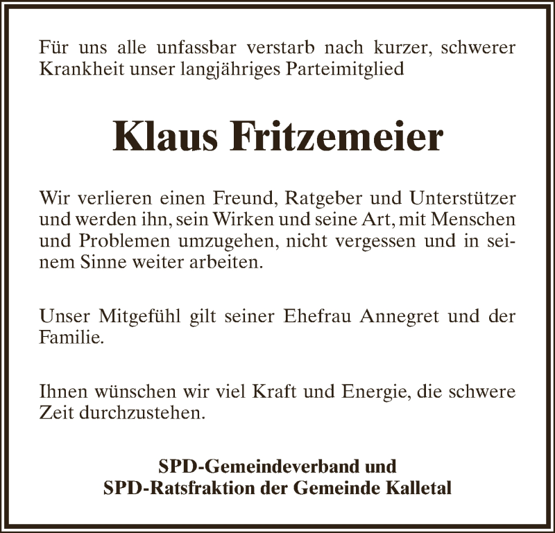  Traueranzeige für Klaus Fritzemeier vom 13.10.2018 aus Lippische Landes-Zeitung