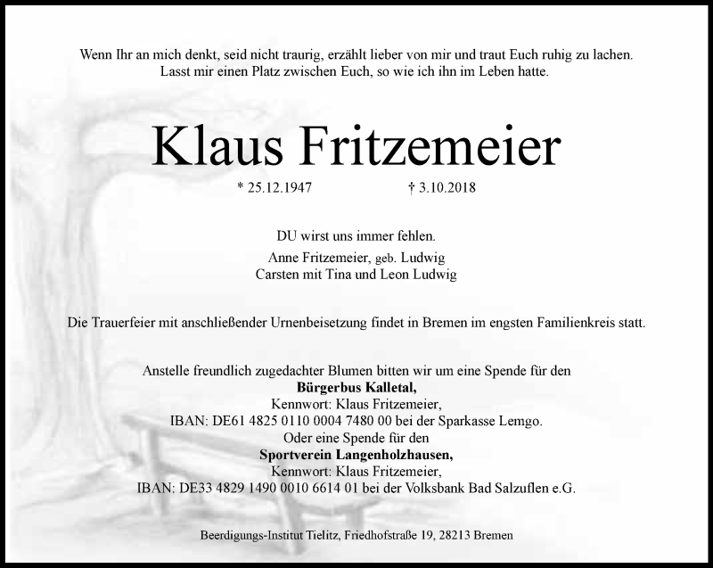  Traueranzeige für Klaus Fritzemeier vom 13.10.2018 aus Lippische Landes-Zeitung