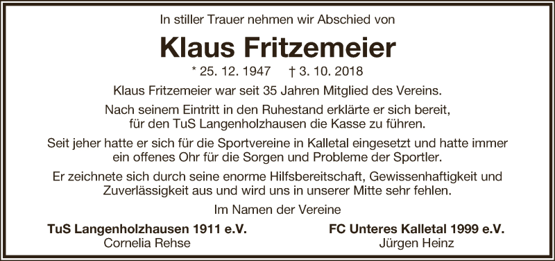  Traueranzeige für Klaus Fritzemeier vom 13.10.2018 aus Lippische Landes-Zeitung