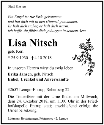 Anzeige  Lisa Nitsch  Lippische Landes-Zeitung