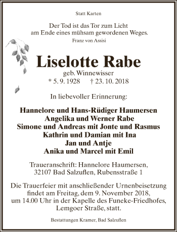 Anzeige  Liselotte Rabe  Lippische Landes-Zeitung