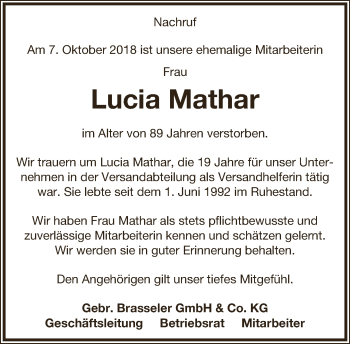Anzeige  Lucia Mathar  Lippische Landes-Zeitung