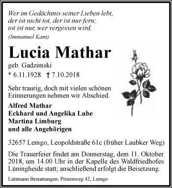 Anzeige  Lucia Mathar  Lippische Landes-Zeitung