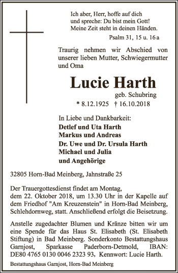 Anzeige  Lucie Harth  Lippische Landes-Zeitung