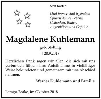 Anzeige  Magdalene Kuhlemann  Lippische Landes-Zeitung