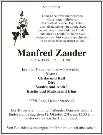 Anzeige  Manfred Zander  Lippische Landes-Zeitung