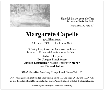Anzeige  Margarete Capelle  Lippische Landes-Zeitung