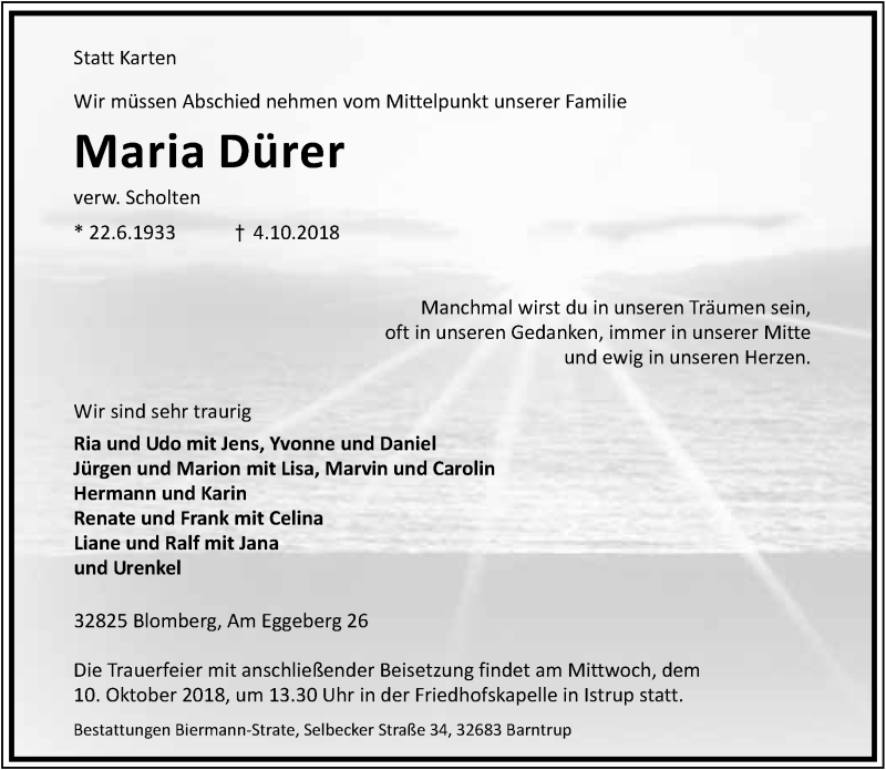  Traueranzeige für Maria Dürer vom 06.10.2018 aus Lippische Landes-Zeitung
