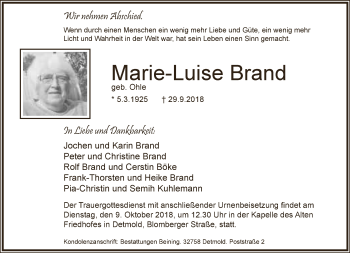 Anzeige  Marie-Luise Brand  Lippische Landes-Zeitung