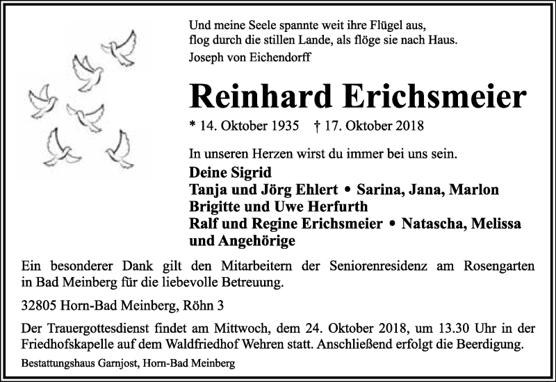  Traueranzeige für Reinhard Erichsmeier vom 20.10.2018 aus Lippische Landes-Zeitung