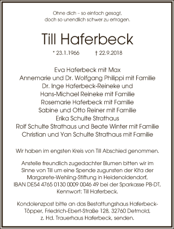 Anzeige  Till Haferbeck  Lippische Landes-Zeitung