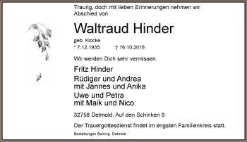 Anzeige  Waltraud Hinder  Lippische Landes-Zeitung