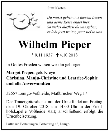 Anzeige  Wilhelm Pieper  Lippische Landes-Zeitung
