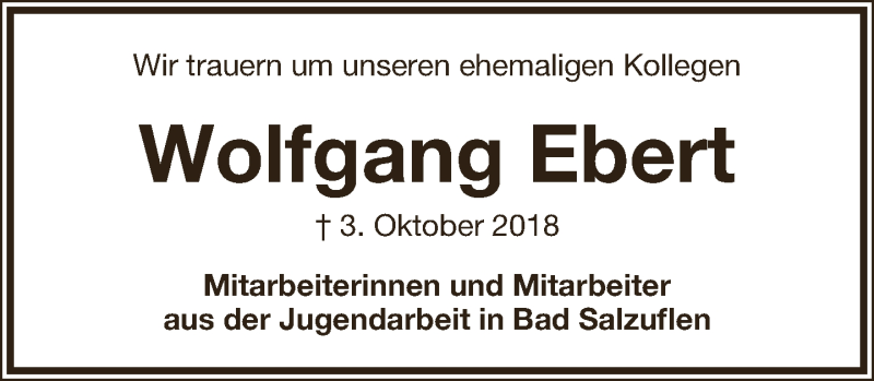  Traueranzeige für Wolfgang Ebert vom 13.10.2018 aus Lippische Landes-Zeitung