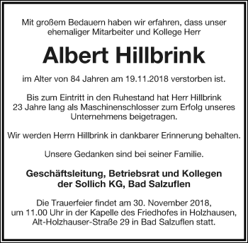Anzeige  Albert Hillbrink  Lippische Landes-Zeitung