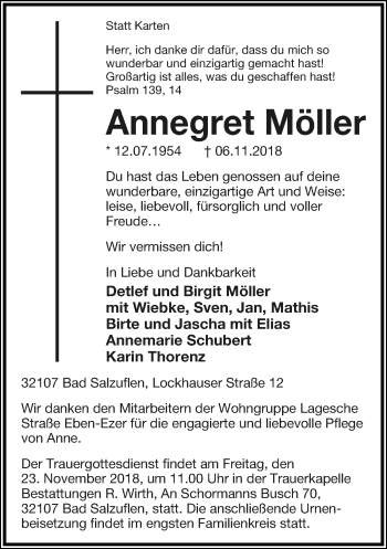 Anzeige  Annegret Möller  Lippische Landes-Zeitung